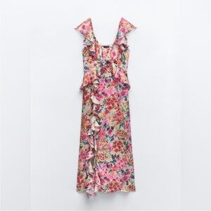 Zara Pink Multi Floral Ruffle Midi Dress